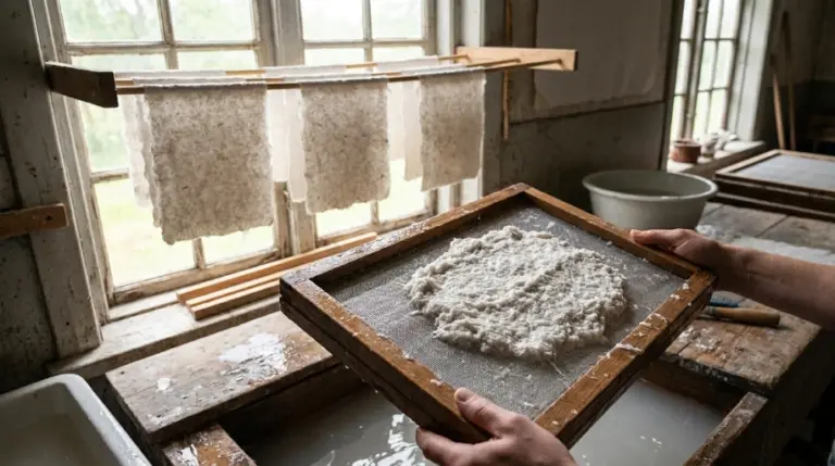 Handmade paper pulp on a mould and deckle, with drying sheets of recycled paper hanging by a window