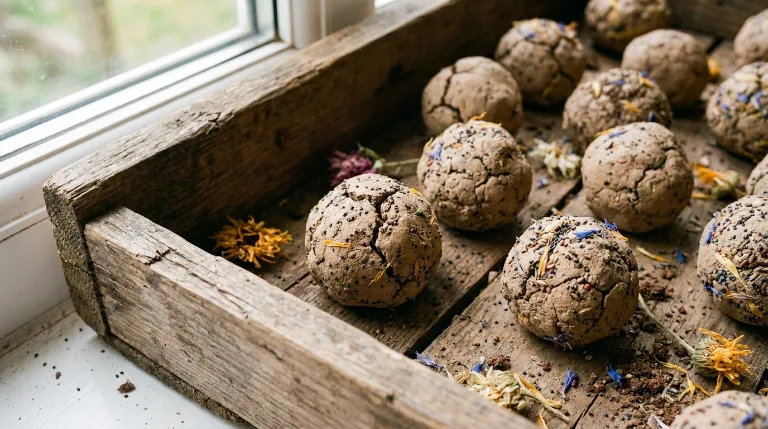 Handmade clay seed bombs with wildflower seeds drying in a wooden tray