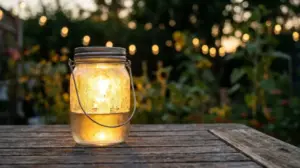 Glowing solar-powered sun jar on a wooden table at dusk, garden lights blurred in the background