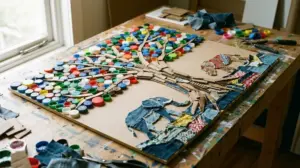 Handmade sustainable art piece — a tree mosaic made from recycled bottle caps, cardboard, and fabric scraps