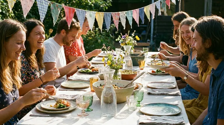 Friends celebrating at an outdoor sustainable party with reusable plates, glassware, and fabric bunting