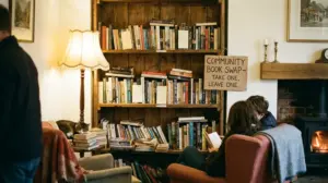A cosy community book swap shelf with a "take one, leave one" sign, people browsing secondhand books