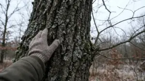 A gloved hand touching textured tree bark in a winter forest, useful for identifying trees without leaves